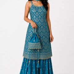 Women's Teal Embroidered Chinon Kurta Sharara Set with Dupatta & Potli Bag