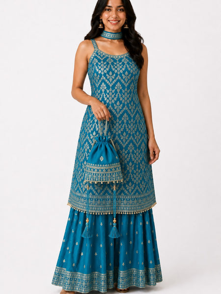 Women's Teal Embroidered Chinon Kurta Sharara Set with Dupatta & Potli Bag