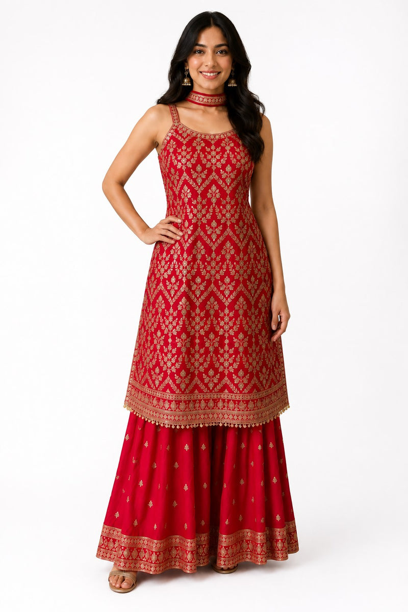 Red Embroidered Chinon Kurta Set with Sharara & Dupatta for Women