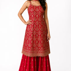 Red Embroidered Chinon Kurta Set with Sharara & Dupatta for Women