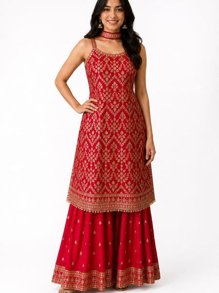 Red Embroidered Chinon Kurta Set with Sharara & Dupatta for Women