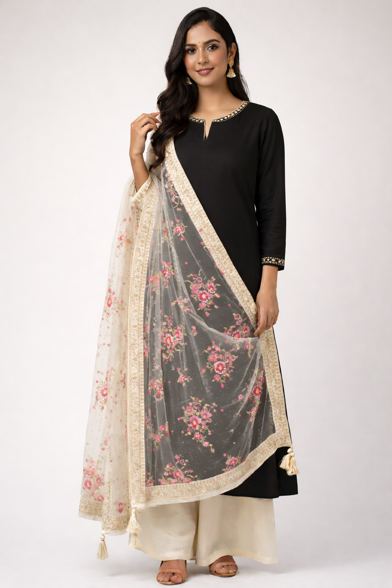 Desi Butik's  Beige Embroidered Net Dupatta with Golden Border & Tassels DB2248
