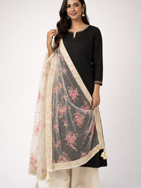 Desi Butik's  Beige Embroidered Net Dupatta with Golden Border & Tassels DB2248
