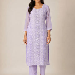 Women's Lavender Embroidered Cotton Silk Kurta Set with Dupatta