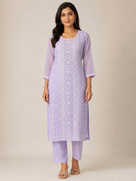 Women's Lavender Embroidered Cotton Silk Kurta Set with Dupatta