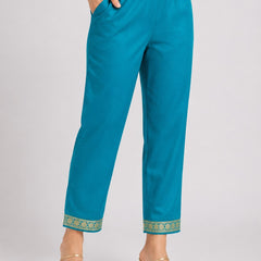 Women's Teal Embroidered Cotton Silk Kurta Set with Trousers & Dupatta