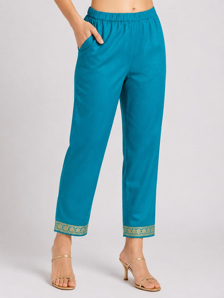 Women's Teal Embroidered Cotton Silk Kurta Set with Trousers & Dupatta