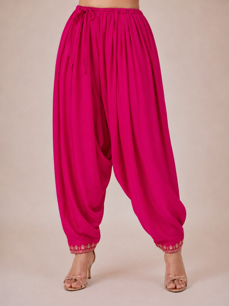 Women's Pink Embroidered Cotton Silk Kurta Set with Dhoti Pants & Dupatta