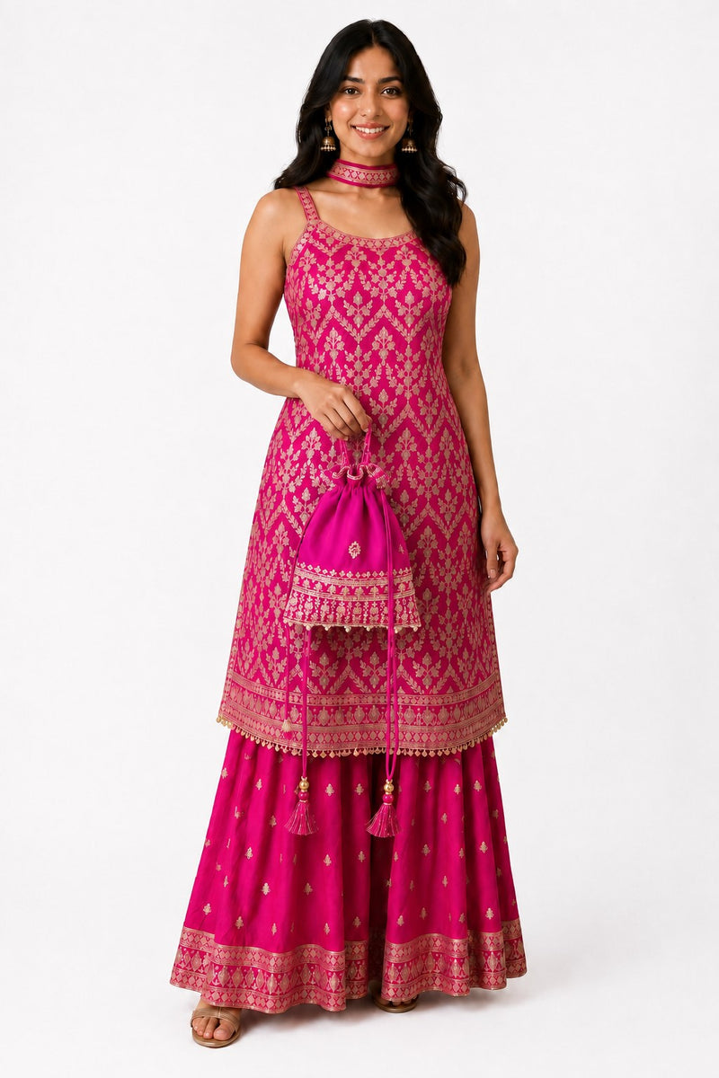 Pink Embroidered Chinon Kurta Set with Sharara & Dupatta for Women