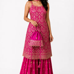 Pink Embroidered Chinon Kurta Set with Sharara & Dupatta for Women