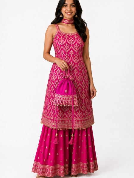 Pink Embroidered Chinon Kurta Set with Sharara & Dupatta for Women