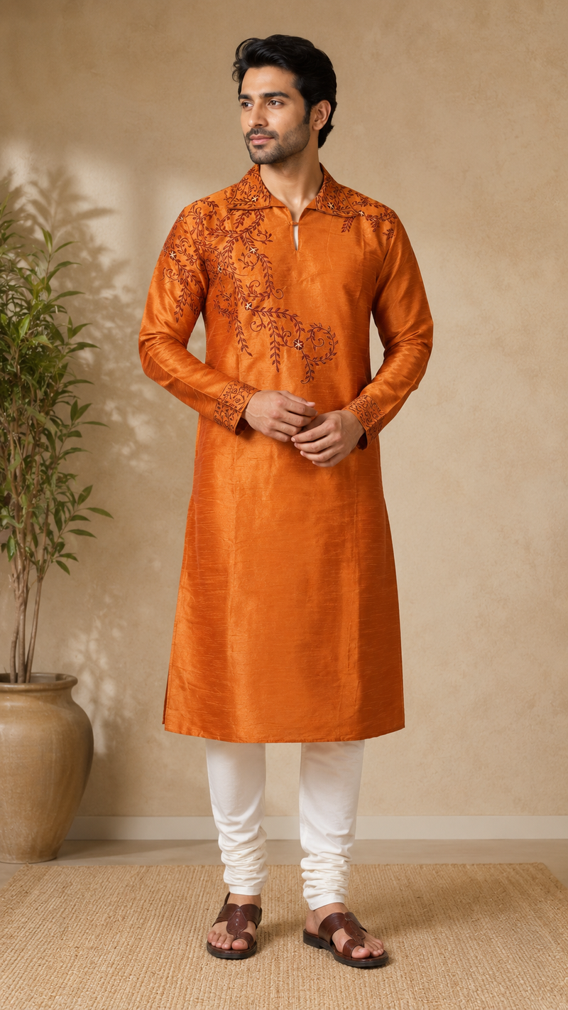 DESI BUTIK Men's Brown Embroidered Kurta Set