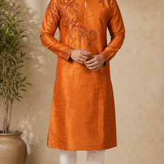 DESI BUTIK Men's Brown Embroidered Kurta Set