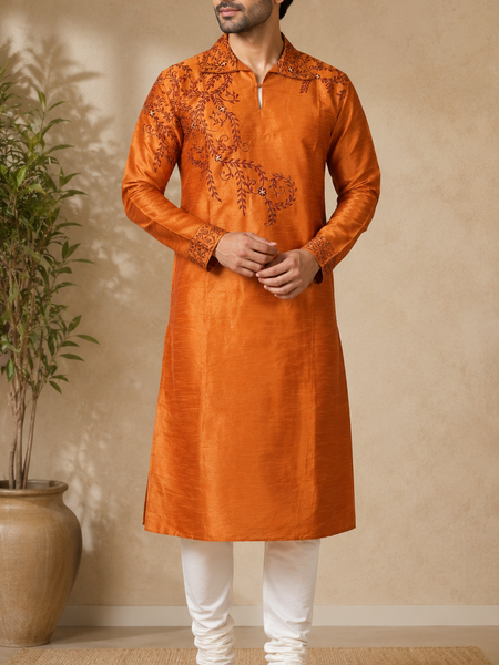 DESI BUTIK Men's Brown Embroidered Kurta Set