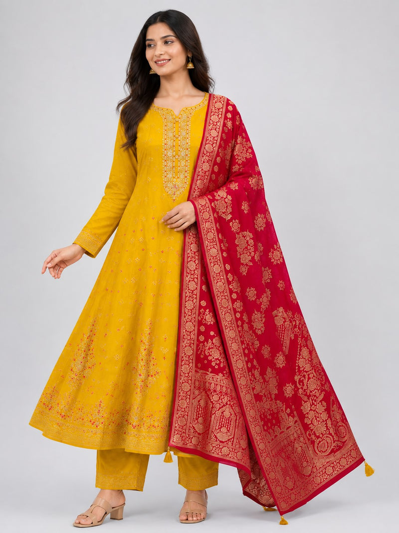 Yellow Embroidered Cotton Silk Anarkali Kurta Set with Trousers & Dupatta