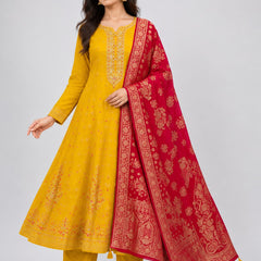 Yellow Embroidered Cotton Silk Anarkali Kurta Set with Trousers & Dupatta