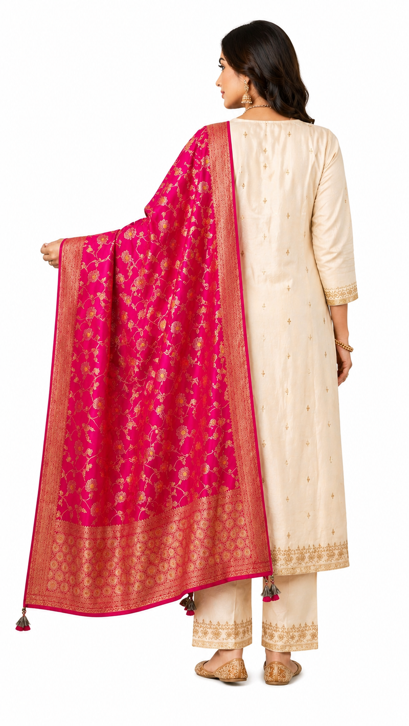 Desi Butik Rani Pink Banarasi Silk Dupatta with Floral Jaal DB2256