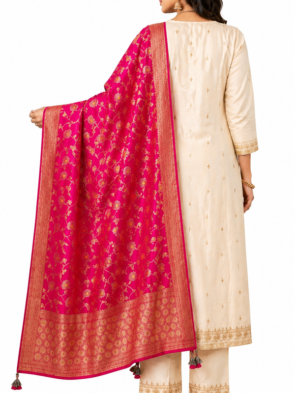 Desi Butik Rani Pink Banarasi Silk Dupatta with Floral Jaal DB2256