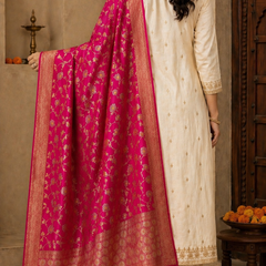 Desi Butik Rani Pink Banarasi Silk Dupatta with Floral Jaal