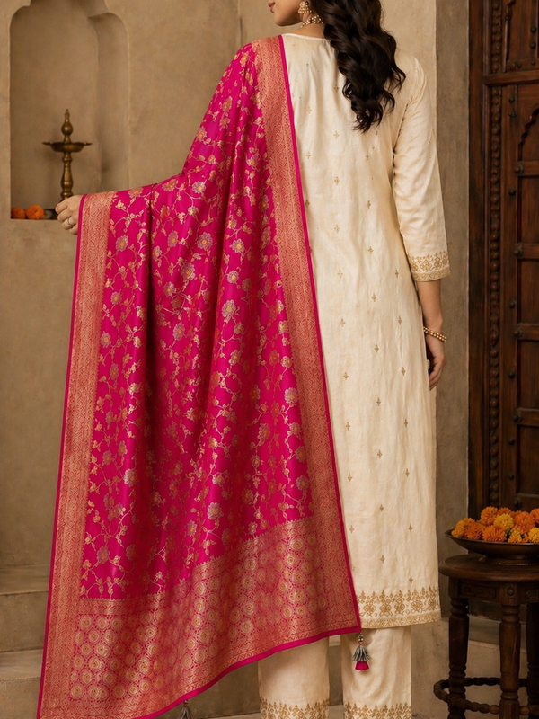 Desi Butik Rani Pink Banarasi Silk Dupatta with Floral Jaal