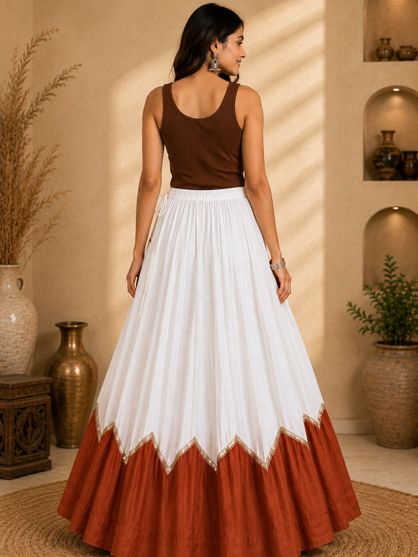 Cotton Silk WHITE-BROWN Stitched Lehenga  for Navratri DBL5046