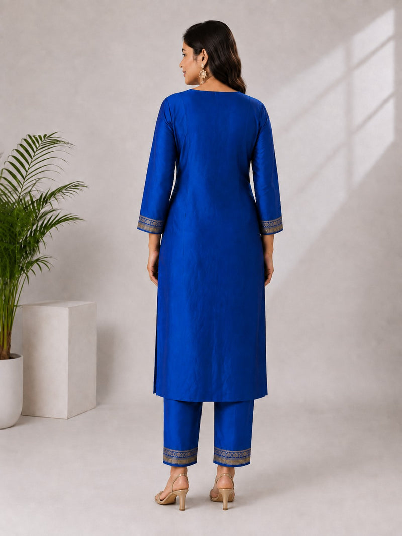 Women's Blue Embroidered Cotton Silk Kurta Set with Trousers & Dupatta