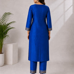 Women's Blue Embroidered Cotton Silk Kurta Set with Trousers & Dupatta