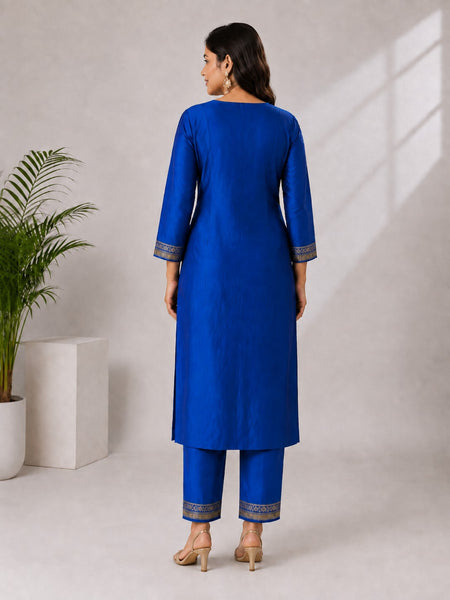 Women's Blue Embroidered Cotton Silk Kurta Set with Trousers & Dupatta