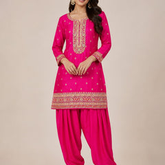 Women's Pink Embroidered Cotton Silk Kurta Set with Dhoti Pants & Dupatta