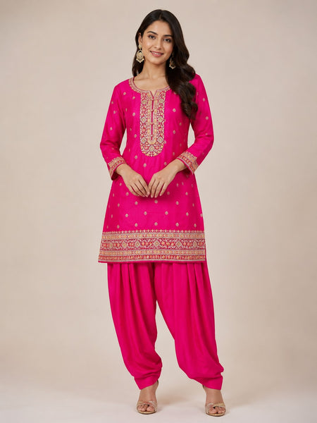 Women's Pink Embroidered Cotton Silk Kurta Set with Dhoti Pants & Dupatta
