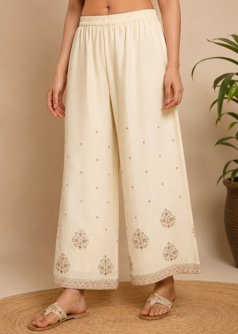 Women's Cream Embroidered Cotton Silk Kurta Set with Palazzos & Dupatta