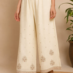 Women's Cream Embroidered Cotton Silk Kurta Set with Palazzos & Dupatta