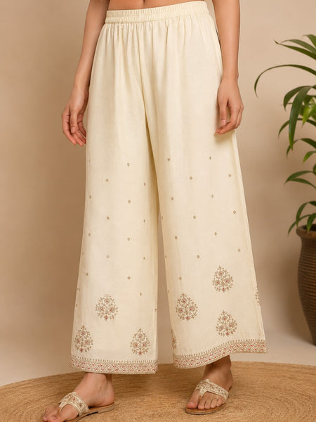 Women's Cream Embroidered Cotton Silk Kurta Set with Palazzos & Dupatta