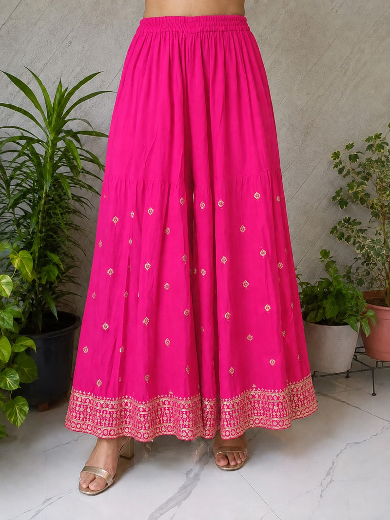 Pink Embroidered Chinon Kurta Set with Sharara & Dupatta for Women