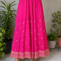 Pink Embroidered Chinon Kurta Set with Sharara & Dupatta for Women