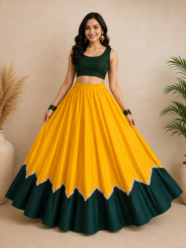 Cotton Silk YELLOW-GREEN Stitched Lehenga  for Navratri DBL5047