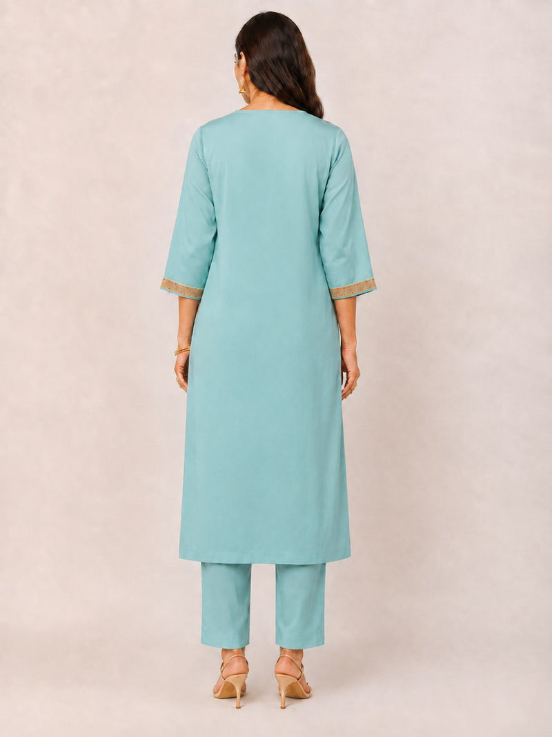 Women's Blue Embroidered Cotton Silk Kurta Set with Trousers & Dupatta