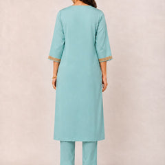 Women's Blue Embroidered Cotton Silk Kurta Set with Trousers & Dupatta