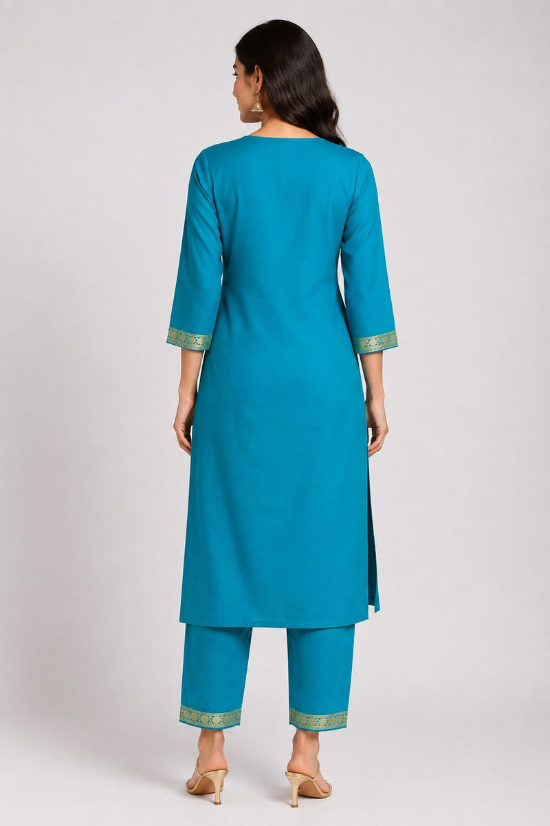 Women's Teal Embroidered Cotton Silk Kurta Set with Trousers & Dupatta