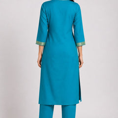 Women's Teal Embroidered Cotton Silk Kurta Set with Trousers & Dupatta