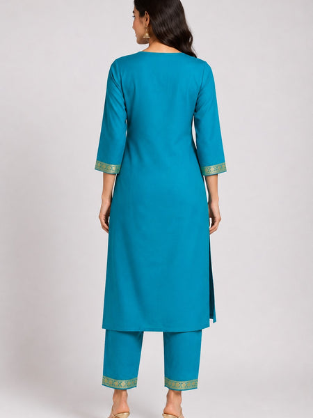 Women's Teal Embroidered Cotton Silk Kurta Set with Trousers & Dupatta