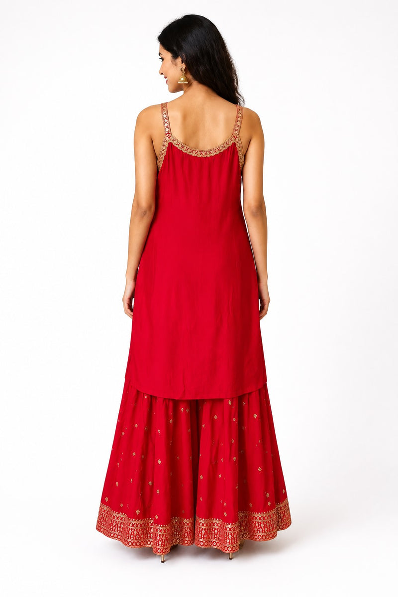 Red Embroidered Chinon Kurta Set with Sharara & Dupatta for Women