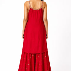 Red Embroidered Chinon Kurta Set with Sharara & Dupatta for Women