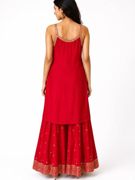 Red Embroidered Chinon Kurta Set with Sharara & Dupatta for Women