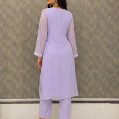 Women's Lavender Embroidered Cotton Silk Kurta Set with Dupatta