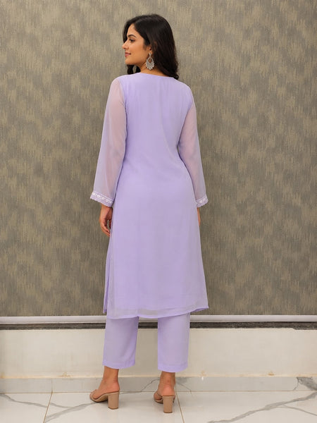 Women's Lavender Embroidered Cotton Silk Kurta Set with Dupatta