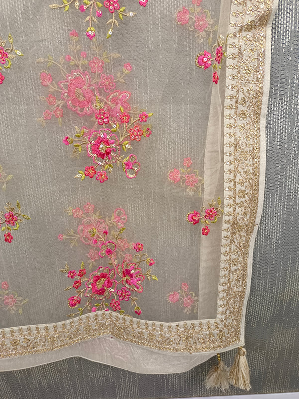 Desi Butik's  Beige Embroidered Net Dupatta with Golden Border & Tassels