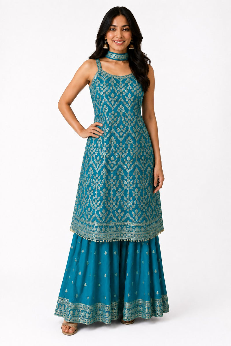 Women's Teal Embroidered Chinon Kurta Sharara Set with Dupatta & Potli Bag