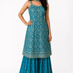Women's Teal Embroidered Chinon Kurta Sharara Set with Dupatta & Potli Bag