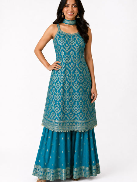 Women's Teal Embroidered Chinon Kurta Sharara Set with Dupatta & Potli Bag